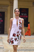 Short cady dress with sequin flower inserts