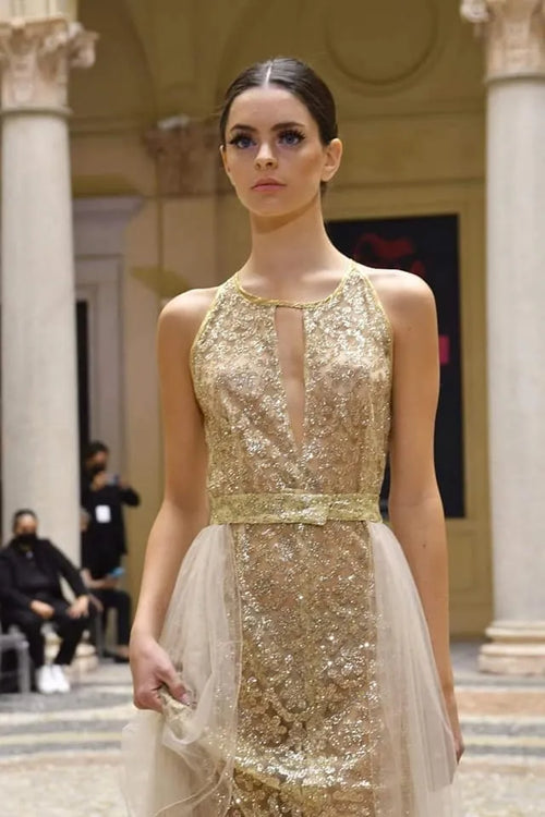 Gold glitter dress with silk trim