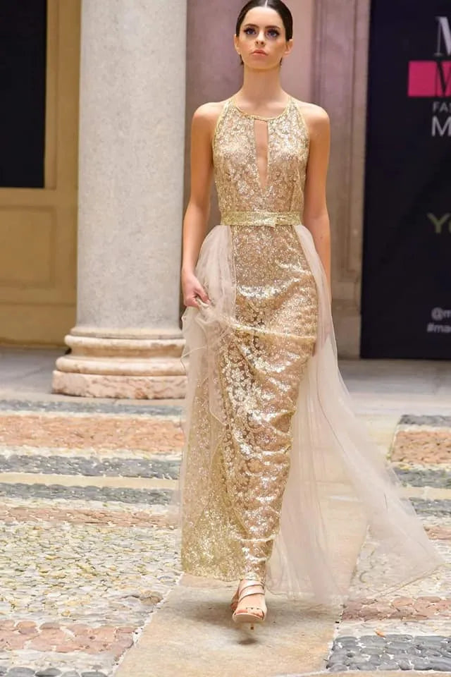 Gold glitter dress with silk trim