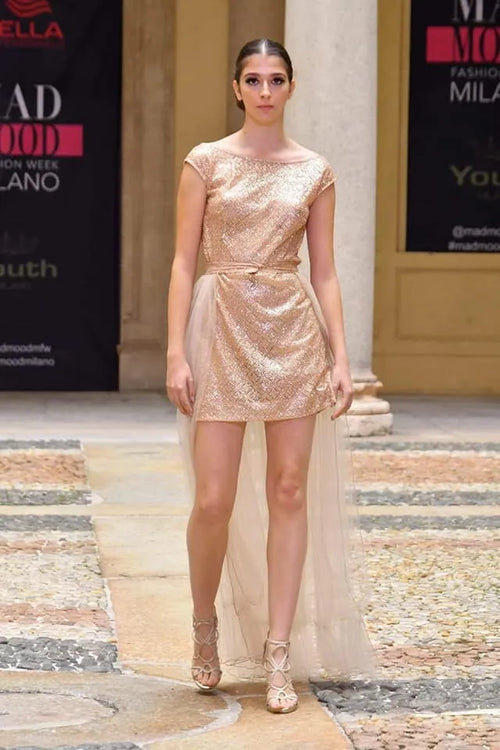 Short glitter dress with detachable tulle overskirt