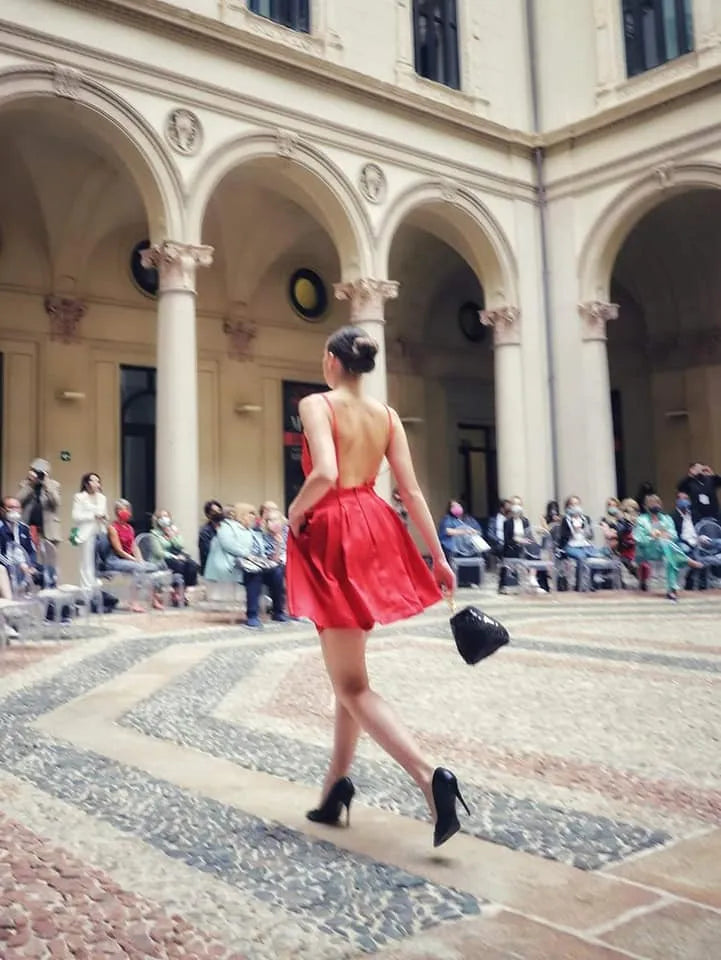 Red pleated silk dress with tulle