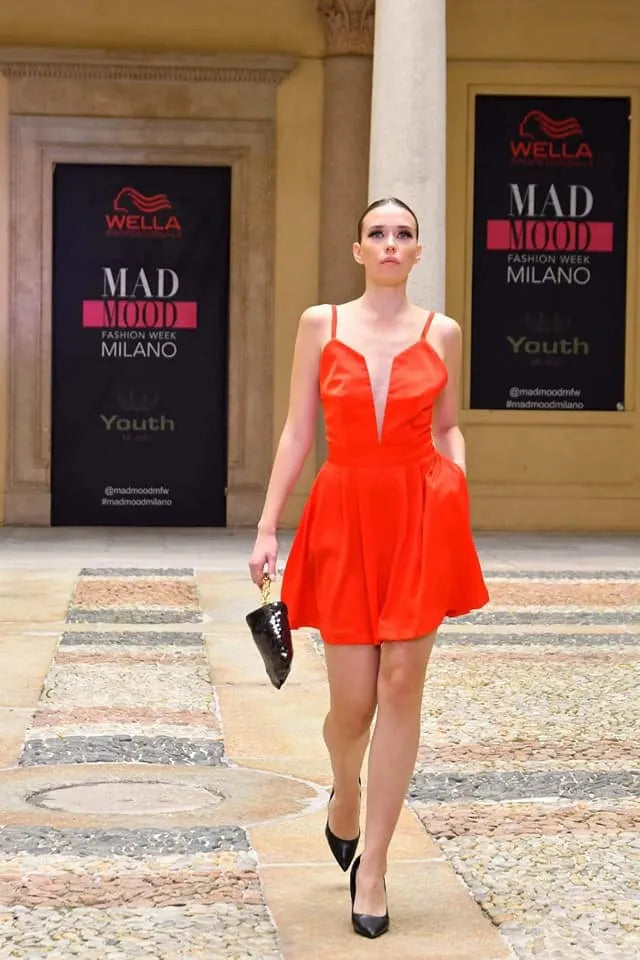Red pleated silk dress with tulle