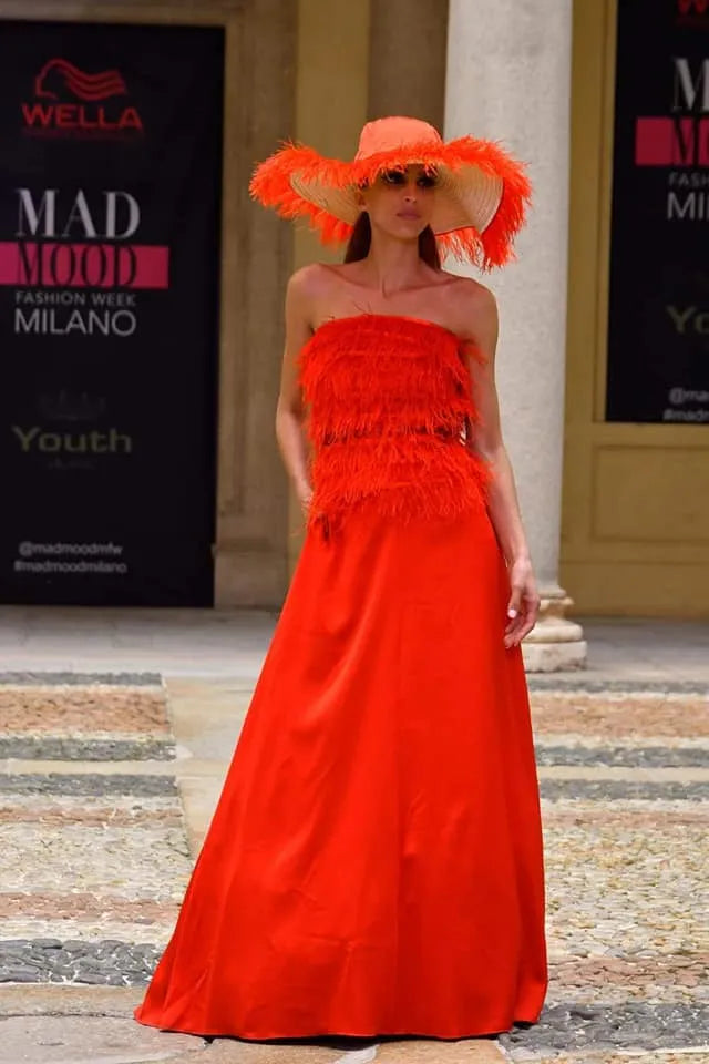 Silk set with feathered top and maxi skirt
