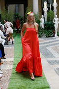 Pure coral silk dress, large ruffled band tied at the back with a bow