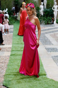One-shoulder cady silk dress, with embroidery on the shoulder and hip