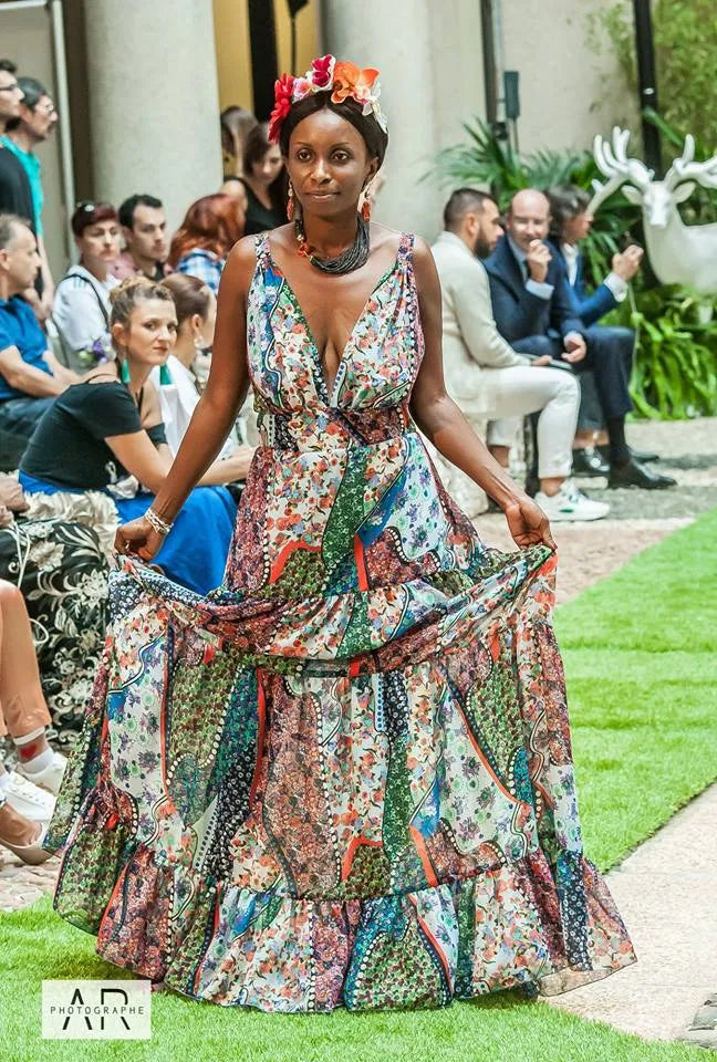 Tiered patterned silk dress, off-the-shoulder
