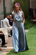 Silk cady dress with pleated peplum waist, off-the-shoulder